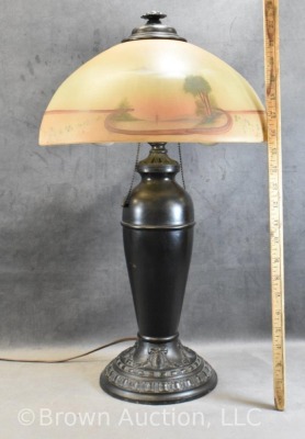 Table lamp w/ reverse painted shade, embossed metal base - 10