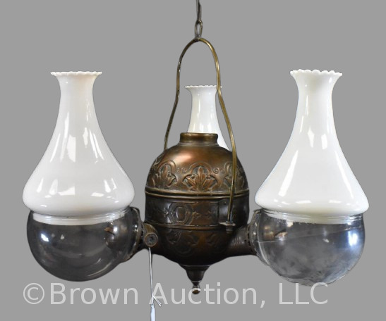 Triple burner hanging brass oil Angle lamp, milk glass shades