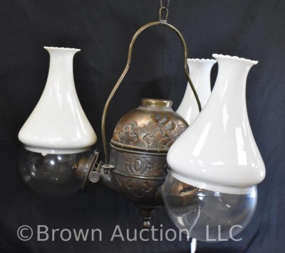 Triple burner hanging brass oil Angle lamp, milk glass shades - 2