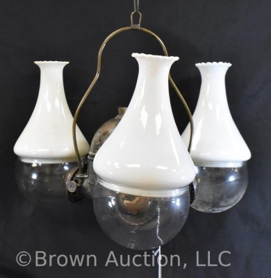 Triple burner hanging brass oil Angle lamp, milk glass shades - 3