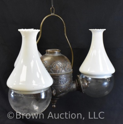 Triple burner hanging brass oil Angle lamp, milk glass shades - 4