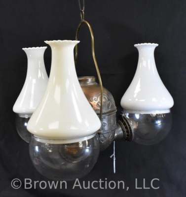 Triple burner hanging brass oil Angle lamp, milk glass shades - 5