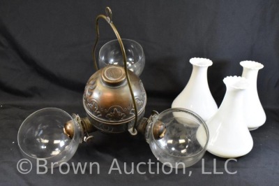 Triple burner hanging brass oil Angle lamp, milk glass shades - 8