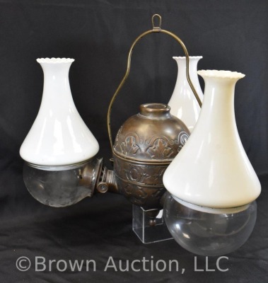 Triple burner hanging brass oil Angle lamp, milk glass shades - 12