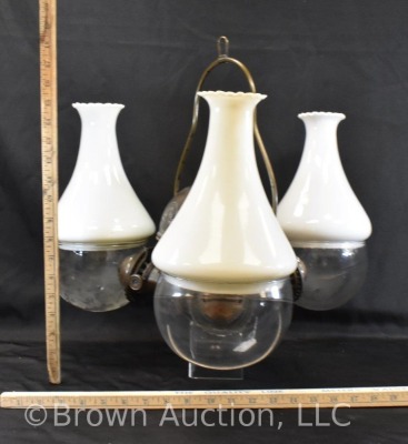 Triple burner hanging brass oil Angle lamp, milk glass shades - 13