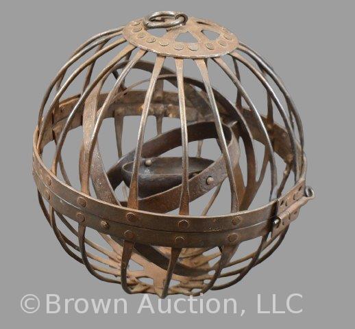 18th Century gimballed iron cage oil lamp, 9"h x 8" round dia., used primarily on ships