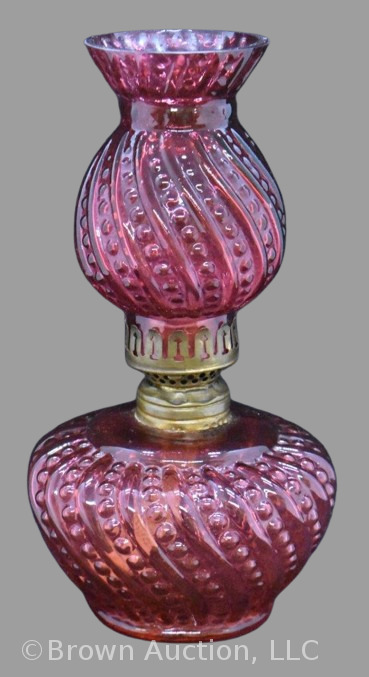 Cranberry swirled embossed beading miniature oil lamp