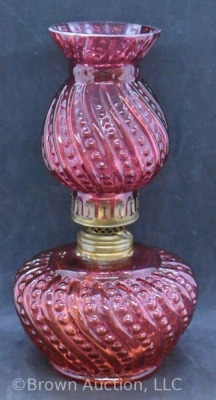 Cranberry swirled embossed beading miniature oil lamp - 2