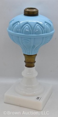 Blue and white milk glass kerosene lamp stand, incised arches and loops design - 2