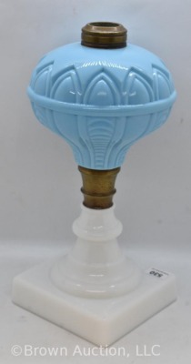 Blue and white milk glass kerosene lamp stand, incised arches and loops design - 3