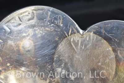 5 pc. castor set (bottles all match), holder sits atop a silverplate scalloped and ftd. plateau - 8