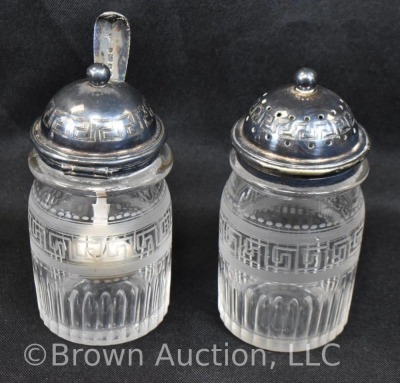 5 pc. castor set (bottles all match), holder sits atop a silverplate scalloped and ftd. plateau - 13