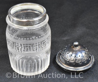 5 pc. castor set (bottles all match), holder sits atop a silverplate scalloped and ftd. plateau - 16