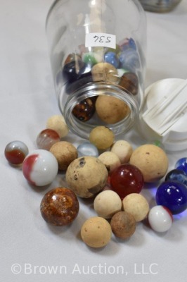 (3) Old syrup jars full of mixed marbles - 9