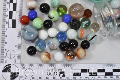 (3) Old syrup jars full of mixed marbles - 15