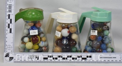 (3) Old syrup jars full of mixed marbles - 16