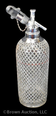 Sparklets NY makers 14"h seltzer bottle, Czech Glass, mesh covering