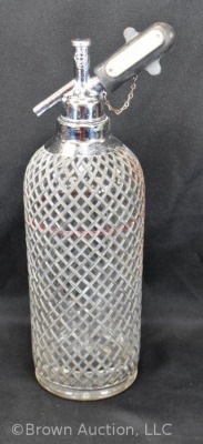 Sparklets NY makers 14"h seltzer bottle, Czech Glass, mesh covering - 3