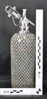 Sparklets NY makers 14"h seltzer bottle, Czech Glass, mesh covering - 11