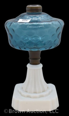 Kerosene lamp stand, blue bubble glass font and milk glass base