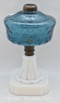 Kerosene lamp stand, blue bubble glass font and milk glass base - 2