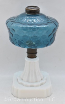 Kerosene lamp stand, blue bubble glass font and milk glass base - 3