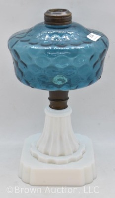 Kerosene lamp stand, blue bubble glass font and milk glass base - 4