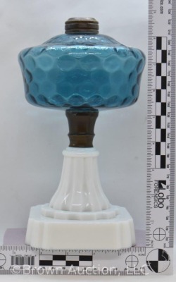 Kerosene lamp stand, blue bubble glass font and milk glass base - 8