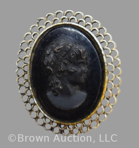 Vintage lady cameo mourning brooch, black on black, silver grame