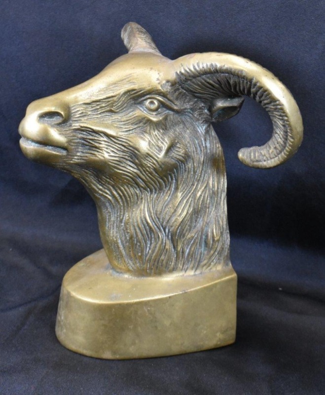 Brass ram's head bookend, 9" tall