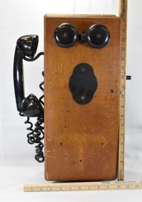 Old wooden wall crank telephone (missing lower shelf) - 6