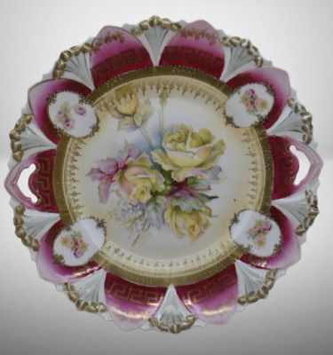 R.S. Prussia Mold 98 11"d cake plate, yellow roses