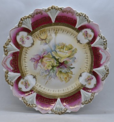 R.S. Prussia Mold 98 11"d cake plate, yellow roses - 3