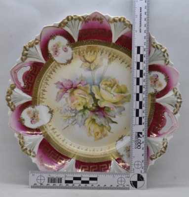 R.S. Prussia Mold 98 11"d cake plate, yellow roses - 6