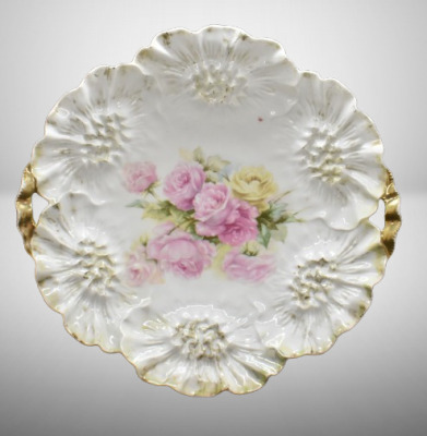 R.S. Prussia Sunflower Mold 11"d cake plate, pink and yellow roses, red mark