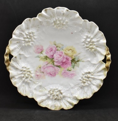 R.S. Prussia Sunflower Mold 11"d cake plate, pink and yellow roses, red mark - 3