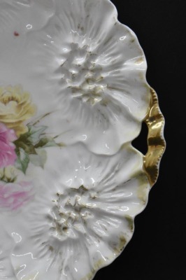 R.S. Prussia Sunflower Mold 11"d cake plate, pink and yellow roses, red mark - 4