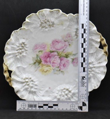 R.S. Prussia Sunflower Mold 11"d cake plate, pink and yellow roses, red mark - 8