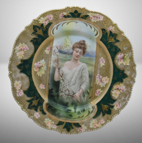 R.S. Prussia Mold 343 9.5"d cake plate, Spring season portrait in keyhole medallion, red mark