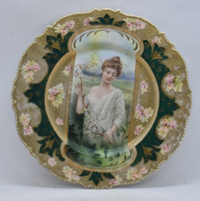 R.S. Prussia Mold 343 9.5"d cake plate, Spring season portrait in keyhole medallion, red mark - 3