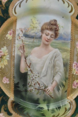 R.S. Prussia Mold 343 9.5"d cake plate, Spring season portrait in keyhole medallion, red mark - 4