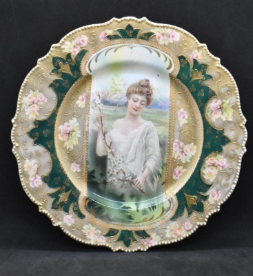 R.S. Prussia Mold 343 9.5"d cake plate, Spring season portrait in keyhole medallion, red mark - 8