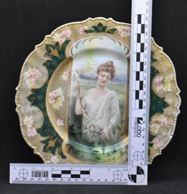 R.S. Prussia Mold 343 9.5"d cake plate, Spring season portrait in keyhole medallion, red mark - 9