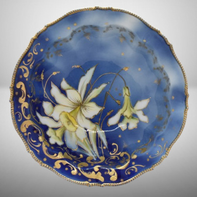 R.S. Prussia Mold 343 cobalt 10"d bowl, white lilies, circle mold mark