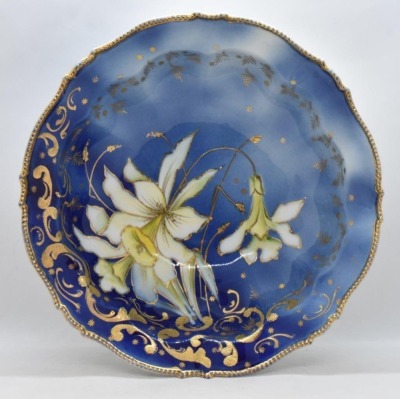 R.S. Prussia Mold 343 cobalt 10"d bowl, white lilies, circle mold mark - 3