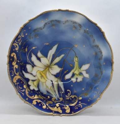 R.S. Prussia Mold 343 cobalt 10"d bowl, white lilies, circle mold mark - 4