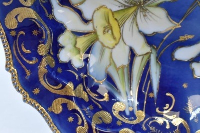 R.S. Prussia Mold 343 cobalt 10"d bowl, white lilies, circle mold mark - 5