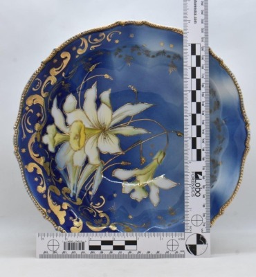 R.S. Prussia Mold 343 cobalt 10"d bowl, white lilies, circle mold mark - 7