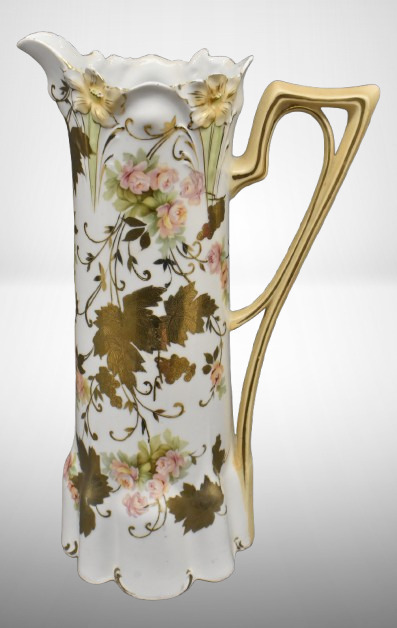 R.S. Prussia Lily Mold 15" tankard, pink roses/ heavy enameled gold leaves