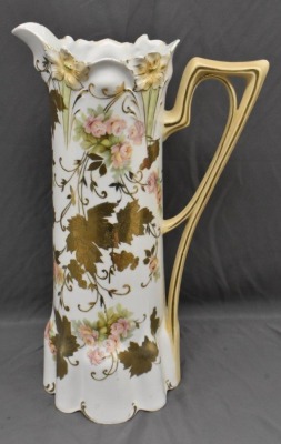 R.S. Prussia Lily Mold 15" tankard, pink roses/ heavy enameled gold leaves - 2